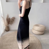 Vevesc Elegant Striped Midi Dress Women Mesh Patchwork Spaghetti Strap One Pieces Dresses Korean Slim A Line Vestidos Spring Summer New