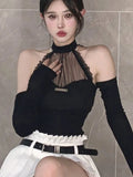 Vevesc White Backless Korean Fashion Tops Women Lace Vintage Designer Slim Blouse Female Hang Neck Elegant Casual Blouse Autumn