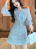 Vevesc New Spring Vintage Sexy See-through Chiffon Patchwork Tweed Mini Dress Women Ribbon Bow Single-breasted Long Sleeve Party Dress