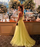 Vevesc Yellow One Shoulder Prom Dresses For Party Tulle Front Side Split Evening Women Dresses 2024 Sweetheart Bow Tie Elegant Gowns