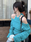 Vevesc Women Blue Pullover Knitted Sweater Harajuku Y2k Long Sleeves O-Neck Sweater Jumper Vintage 2000s 90s Aesthetic Clothes Autumn