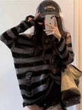 Vevesc Gothic Streetwear Striped Knitted Sweater Women Harajuku Punk Hollow Out Jumper Hole Loose All-match Tops Grunge E-girl