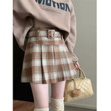 Vevesc Vintage Plaid Wool Skirt Women Preppy Style Sweet Mini Skirts Korean Fashion Autumn Winter Retro Pleated Short Skirts