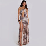 Vevesc See Through Mesh Print Beach Dresses Summer 2024 Woman Sexy Hollow Out One Shoulder Open Back Split Long Dresses