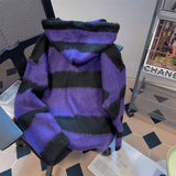Vevesc Retro Vintage Purple Black Striped Hooded Sweater Autumn Winter New Bull Horn Buckle Cardigan Y2k Long Sleeve Loose Tops Mujer