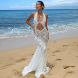 Vevesc Sexy Lace See Through Hollow Out Maxi Dress Womens Elegant Summer White Holiday Beachwear Backless Slim Halter Neck Dress