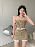 Vevesc Gyaru Matching Sets Tube Top Bandage Crop Tops High Waist Hollow Out Patchwork Skirts Y2k 2000s Female Slim Design Two Piece Set