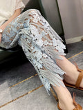 Vevesc Hollow Out Lace Panel Wide Leg High Waist Blue Jeans Women's Summer Straight Leg Pants Woman Clothing Baggy Pants