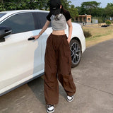 Vevesc Y2K Brown Drawstring Cargo Pants Women Vintage Hip Hop Streetwear Baggy Pocket Wide Leg Trousers Summer Casual Straight Pants