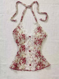 Vevesc  French Elegant Tanks Bow Halter V Neck Sleeveless Lace Flower Print Crop Top Summer New Sexy Y2k Female Slim Women Clothing 2025