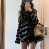 Vevesc Gothic Striped Sweaters Women Off Shoulder Punk Knitted Pullover Harajuku Y2k Long Sleeve Sweaters Grunge Streetwear