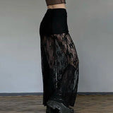 Vevesc Side Slit Lace Skirts For Women 2024 Summer New See Through High Waist Skirt Ladies Black Casual Loose Sexy Skirts Woman