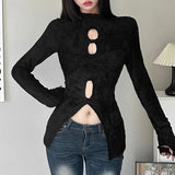 Vevesc Y2K Autumn New Simple Casual Hollow All-match Mature Charm High Street Cool Personality Women's Black Top Shirt