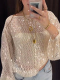 Vevesc  Sequins Hollow Out Pullovers Women Casual Loose Round Neck Full Sleeve Female Crop Tops Spring Summer See Through Lady Outerwear