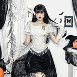 Vevesc Goth Dark Elegant Fashion Tassels Off Shoulder Crop Tops 90s Grunge Bow  White T-shirts Gothic Techwear Cyber Y2K Outfits