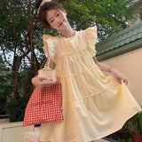 Vevesc Sweet Gentle Flying Sleeve Lace White Dresses Summer Fungus A-line Dress For Women 2024 New Straight Loose Vestidos Mujer