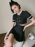 Vevesc Summer Balck Vintage Two Piece Set Women Elegant Designer Party Mini Skirt Set Female Casual Korean Kawaii Skirt Suit New