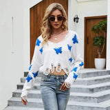 Vevesc Butterfly Embroidery Pullover Women Y2K Fashion Korean Tassel Chic Knit Crop Tops Female Loose Street Sexy Off Shoulder Jumper