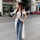 Vevesc Elegant Slash Neck White Shirts Women Y2k E-Girl Slim Waist Lace Blusas Mujer Summer New Mid-length Loose Blouses Dress