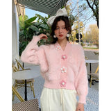 Vevesc Sweet Crop Cardigan Sweater Women Flower Patchwork Knit Coat Korean Faux Mink Fluffy Knitwear Jackets Solid Jumper Outwear