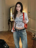 Vevesc Women Harajuku Grunge Crop Thin Mesh Tops Y2k Aesthetic Vintage Letter Print Tees Summer Slim Fit Streetwear Sexy Tshirts
