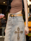 Vevesc Women Long Skirt Harajuku Korean Denim Skirt Y2k Emo 2000s Clothes 90s Fashion Vintage Gradient A-line Jean Skirt Grunge Clothes