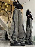 Vevesc Y2K Line Design Pant Women Drawstring Pockets Wide Leg Chic Punk Pants Baggy Striped Sports Sweatpants Parachute Jogger Trousers