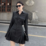 Vevesc Flare Sleeve Elegant Black Shirts Sexy Slim Waist Folds Skirts Women Chemises Femme Korean Dresses Camisas Y2k High Street