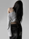 Vevesc Vintage Simple Crop Tshirts Y2k Aesthetic Striped Slash Neck Grunge T-shirt Harajuku Autumn Casual Loose Tops Streetwear