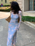 Vevesc Blue France Elegant Two Piece Set Women Floral Print Party Long Dress Set Female Slim Korean Fashion Dress Suit Autumn New