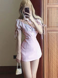 Vevesc Pink Sweet Kawaii Two Piece Set Women Korean Fashion Party Mini Dress Set Female Bow Lace Tops + Cute Princess Dress Suit