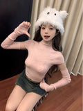 Vevesc Knitted Pink Butterfly Streetwear T-shirts Half High Collar Basic Vintage Cropped Tops Women Y2k Aesthetic Slim Harajuku Tees