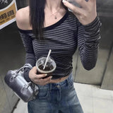 Vevesc Skew Collar Off Shoulder Long Sleeve Tops Mujer Early Autum New T-shirt for Women Fashion Vintage Striped Blusas Mujer