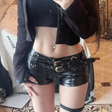 Vevesc American Black Punk PU Shorts for Women Y2k Hot Girls Sexy Low Waist Zipper Vintage Fashion Nightclub Cute Female Cool Grunge