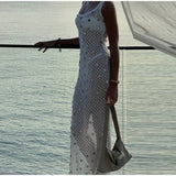 Vevesc  Women Sequins Knitted Hollow Out Long Summer Dresses 2025 Sexy Sleeveless O-neck See Through Slim Holiday Beach Lady Robe