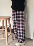 Vevesc Harajuku Pink Plaid Pants Women Japanese Y2K Cute Checked Trousers Oversized Korean Fashion Basic Wide Leg Sweatpants