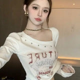 Vevesc American High Streer Lrregular Design Neck Y2k Aesthetic Clothes All Match Leeter Print Slim Fit Shirts Harajuku Base Girl Top
