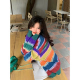 Vevesc Rainbow Stripe Cardigan Women Vintage Contrast Color Single-breasted Loose Knitting Top Autumn Winter New In Sweater