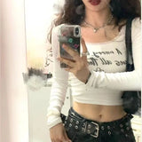 Vevesc Sweet Fairy Letter Print Crop Top Fashion O Neck Patchwork Lace Desoign Long Sleeve T Shirts Summer Y2k Aesthetic Streetwear Top