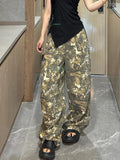 Vevesc Autumn Winter New Low Rise Jeans Y2k Ladies American High Street Baggy Pants Woman Camouflage Drawstring Mop Jeans for Women