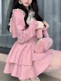 Vevesc Pink French Vintage Two Piece Set Women Japanese Kawaii Bow Sweet Dress Suit Female Autumn Korea Elegant Coat ＋ Cute Strap Dress