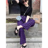 Vevesc  Vintage Plaid Wide Leg Pants Women High Waist Straight Casual Trousers Harajuku Korean Fashion Loose All Match Full Length