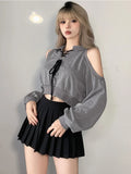 Vevesc Y2K Vintage Gray Cropped Hoodies Women Harajuku Sexy Off Shoulder Sweatshirts Korean Loose Casual Chic Tops Gothic Kpop