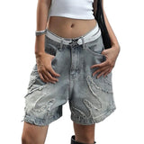 Vevesc Casual Slim Patchwork Denim Shorts Sexy Loose Pockets Low-Waisted Jeans Women 2024 Summer Fashion Streetwear Ladies