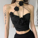 Vevesc Elegant Vintage Sexy Black Rose Halter Camisole Tops All-match Hollow Out Tank Top 2024 Summer New Slim Fit Vest for Women