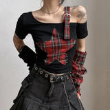 Vevesc Sexy American Punk Constrast Color Lrregular Off The Shoulder Harajuku Shirts American Plaid with Sleeve Design Tops Y2k Clothes