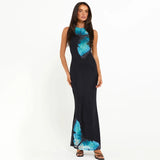 Vevesc Backless Lace Up Butterful Print Maxi Dress For Women O Neck Sleeveless Tank Dresses Femme Fashion Bodycon Sexy Long