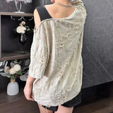 Vevesc Sweet Fairy Bow Embroidery American Vintage Print Clothes Y2k Aesthetic Loose Summer All Match Off The Shoulder Top Gothic Shirt