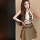 Vevesc Skirt Sets Koean Halter Sexy Y2k Bandage Short Tops High Waist Slim Elegant Faldas Set of Two Fashion Pieces for Women New