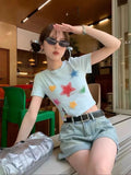 Vevesc Fashion Sweet Constrast Color Star Print Design T Shirt Summer All Match High Street Gothic Girl Crop Top Y2k Aesthetic Clothing